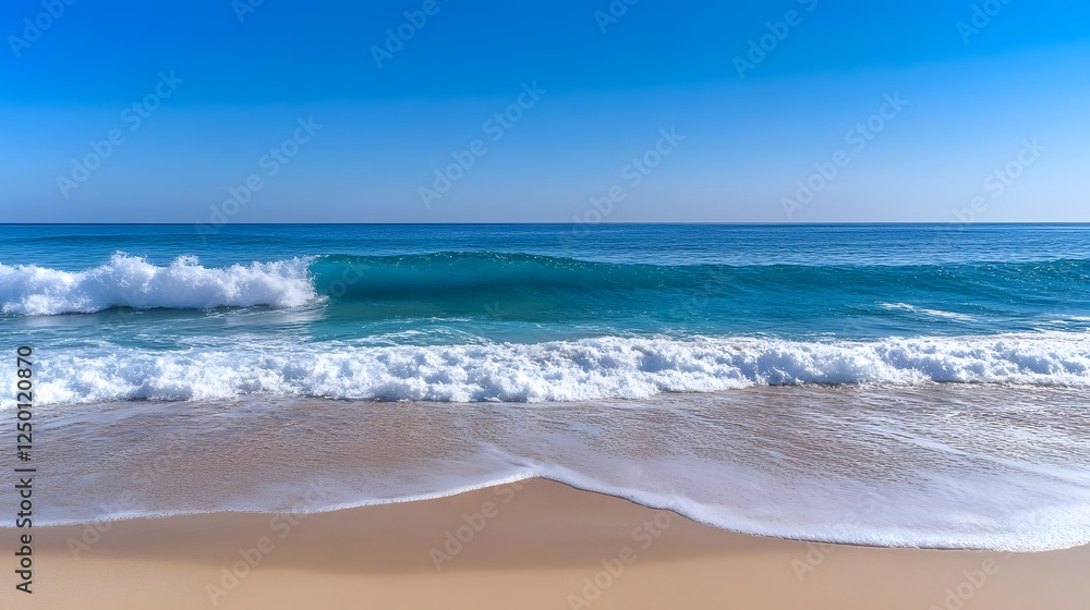 Ocean wave breaking on sandy beach under blue sky Ocean wave breaking on sandy beach under blue sky