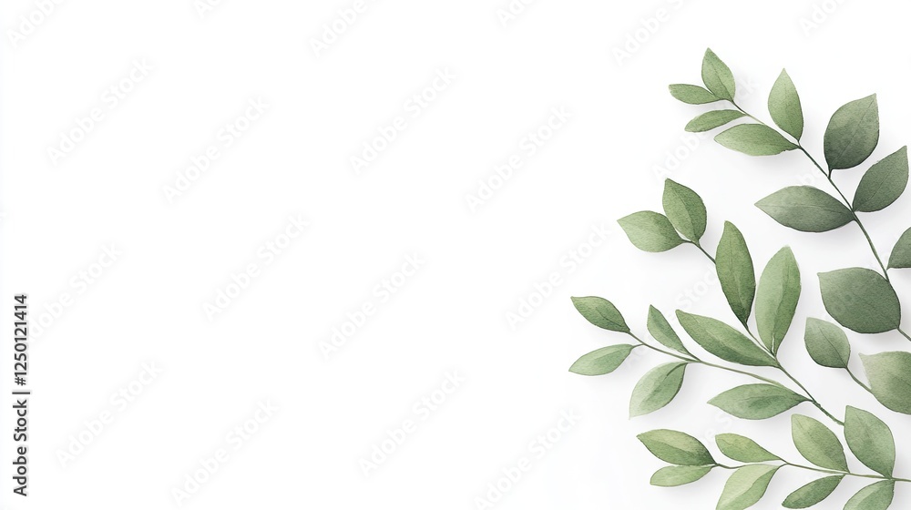 Fototapeta premium Serene composition of green leaves on a white background, ideal for nature-themed designs