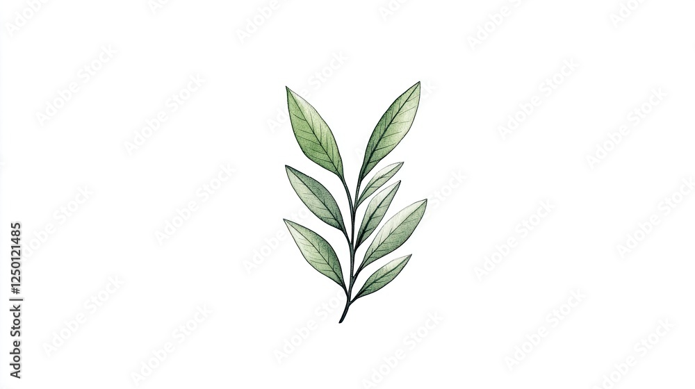 Delicate green leaves arranged artistically on a white background, ideal for botanical designs Delicate green leaves arranged artistically on a white background, ideal for botanical designs
