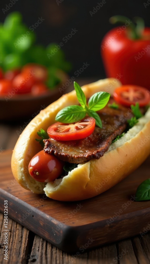 Gourmet hot dogs, grilled beef, fresh toppings on rustic wooden board, protein, delicious, cheese Gourmet hot dogs, grilled beef, fresh toppings on rustic wooden board, protein, delicious, cheese