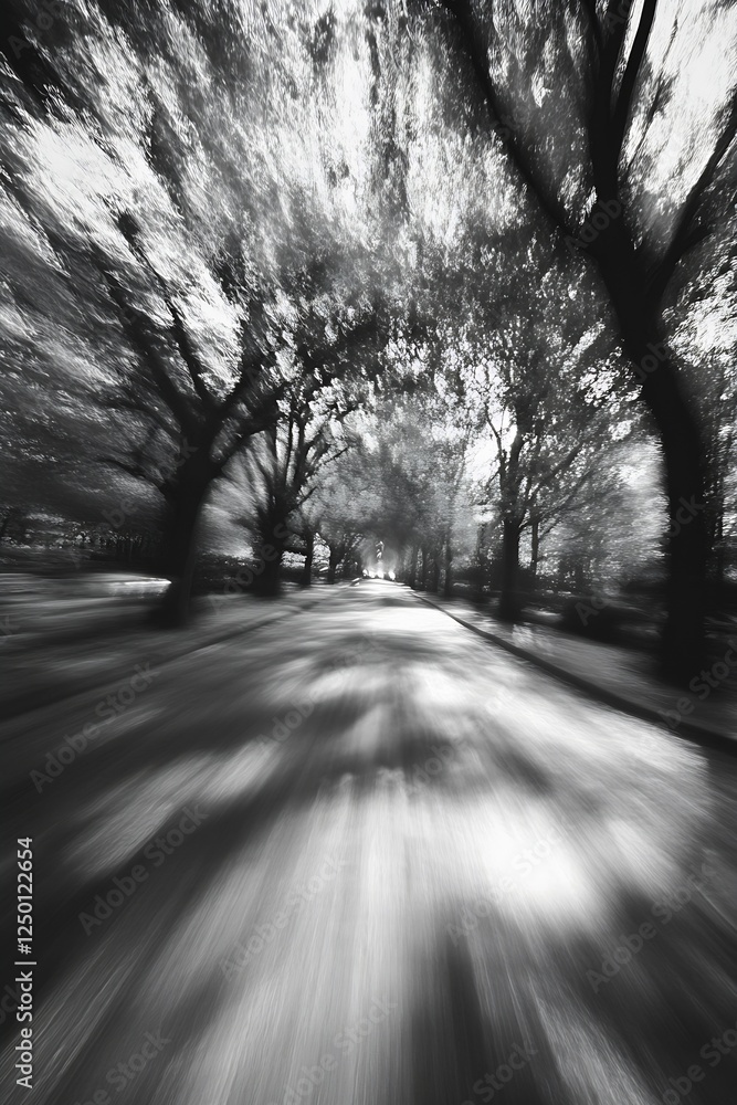 Obraz premium Abstract Black and White Motion in Blurred Tree Canopy and Pathway : Generative AI