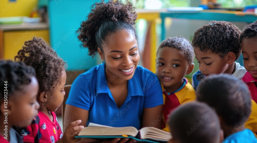 Teacher reading, surrounded by diverse, happy children, smiling and listening intently, engaging classroom atmosphere concept Teacher reading, surrounded by diverse, happy children, smiling and listening intently, engaging classroom atmosphere concept