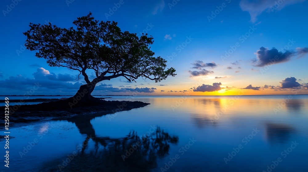 Serene Landscape with a Lone Tree Surrounded by Calm Waters at Sunset : Generative AI Serene Landscape with a Lone Tree Surrounded by Calm Waters at Sunset : Generative AI