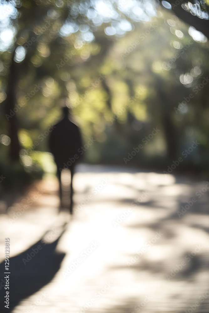 Blurred silhouette of a person walking through a sunlit park on a peaceful day : Generative AI Blurred silhouette of a person walking through a sunlit park on a peaceful day : Generative AI