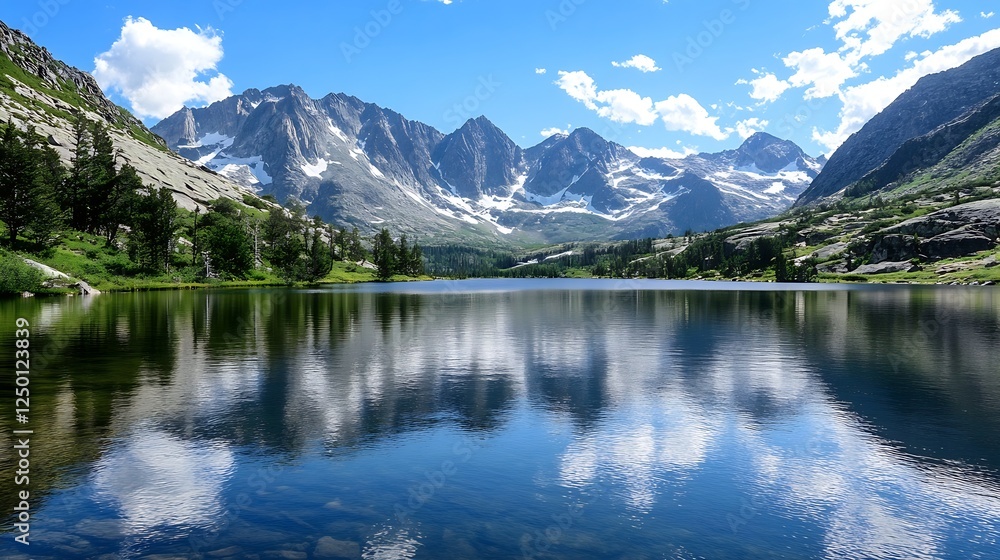Stunning mountain landscape with clear lake reflecting the peaks and bright sky : Generative AI Stunning mountain landscape with clear lake reflecting the peaks and bright sky : Generative AI