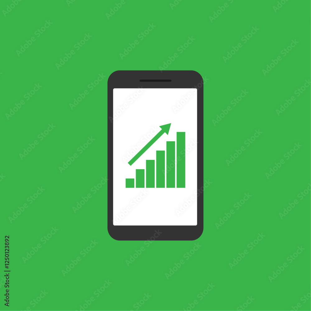 Stock icon rising on smartphone on green background. Stock icon rising on smartphone on green background.