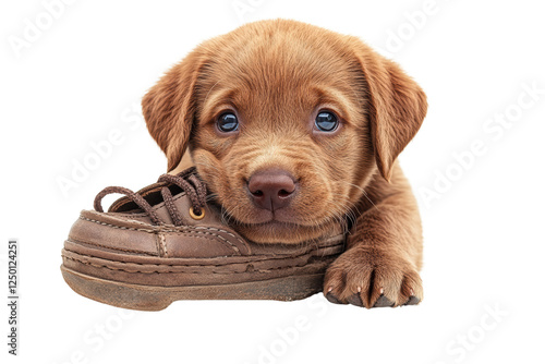 Adorable puppy resting on a brown shoe, showcasing a delightful blend of innocence and curiosity. Perfect for animal lovers and pet-related content. photo