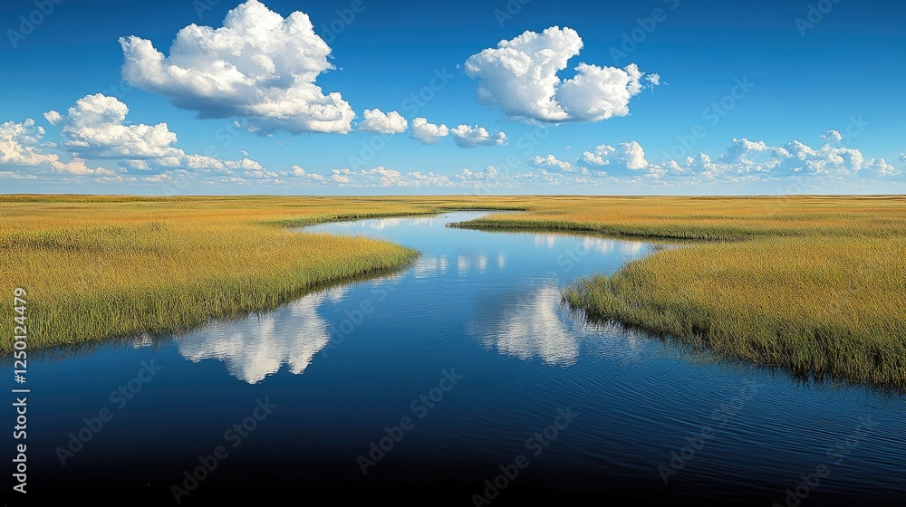 Obraz premium Tranquil river winding through golden marshlands under a bright blue sky with fluffy clouds