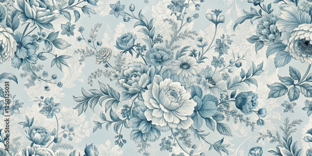 A delicate, floral toile design featuring soft blue hues and intricate details, reminiscent of a bygone era in French fashion A delicate, floral toile design featuring soft blue hues and intricate details, reminiscent of a bygone era in French fashion