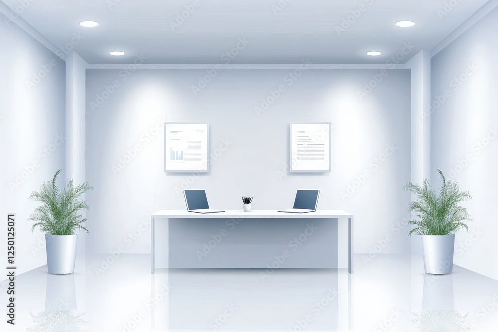 Fototapeta premium Modern Office Workspace with Minimalist Design and Lush Green Plants in Bright Light