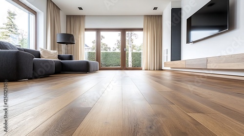 Wallpaper Mural Modern living room interior featuring cozy couch, wooden flooring, and bright natural light coming through windows : Generative AI Torontodigital.ca