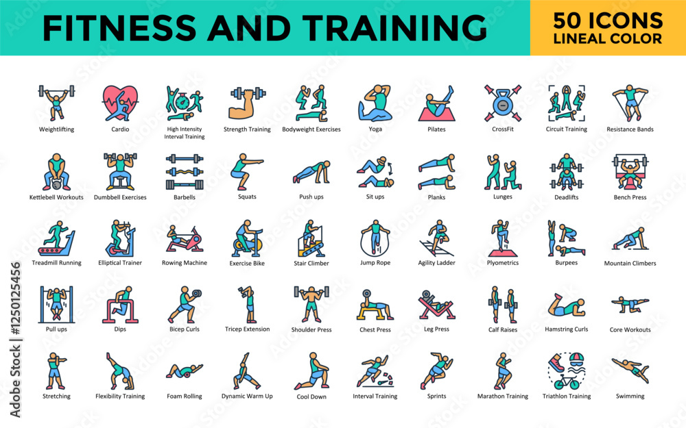 Obraz premium Fitness and Training icon set with weightlifting, cardio, high intensity interval training, strength training, bodyweight exercises, yoga, pilates, crossfit icon. Simple lineal color vector 