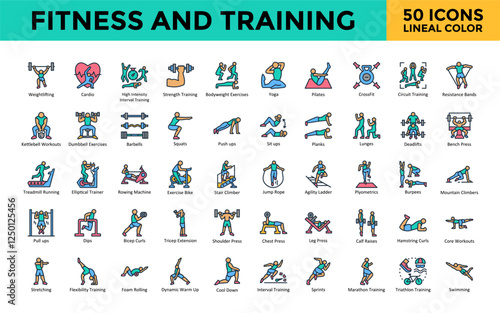 Fitness and Training icon set with weightlifting, cardio, high intensity interval training, strength training, bodyweight exercises, yoga, pilates, crossfit icon. Simple lineal color vector 
