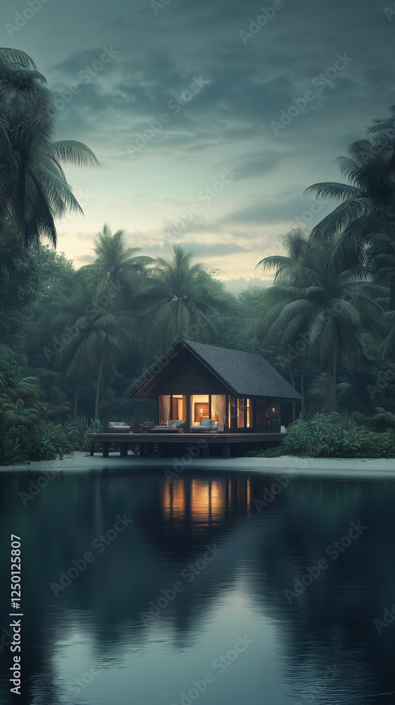 Luxury island resort with warm lighting reflecting on the water
Luxury island resort with warm lighting reflecting on the water