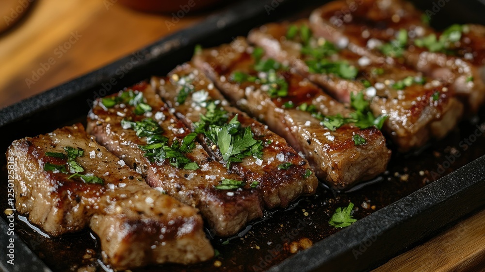 Grilled Beef Steak Slices Garnished with Fresh Herbs on a Platter Grilled Beef Steak Slices Garnished with Fresh Herbs on a Platter