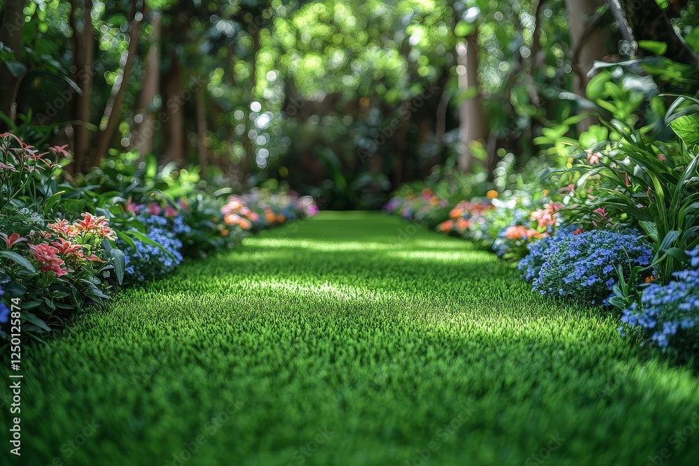 Obraz premium Beautiful green lawn in the garden, lush trees, colorful flowers, and manicured grass on a bright sunny day.