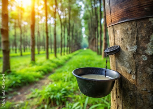 Sustainable agriculture:  rich, black cup overflows with natural rubber latex harvested from a rubber tree. photo