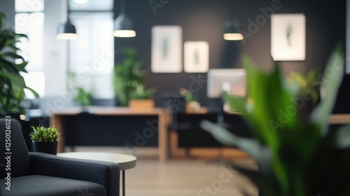 Modern Office Interior with Plants and Minimalist Design.