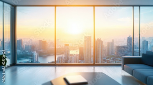 Stunning cityscape view from modern apartment.