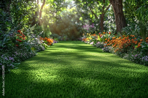 Beautiful green lawn in the garden  lush trees  colorful flowers  and manicured grass on a bright sunny day.