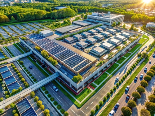 Sustainable architecture meets solar power: an aerial perspective of an environmentally conscious shopping center.