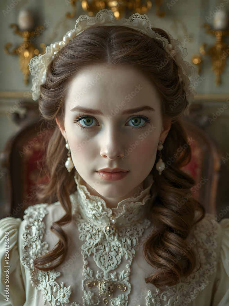 Fototapeta premium Belleza nostálgica: mujer victoriana con vestido de seda y adornos de encaje