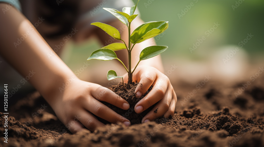 Hands Planting The Seedlings Into The Ground Hands Planting The Seedlings Into The Ground
