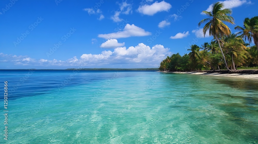 Fototapeta premium Breathtaking tropical beach with turquoise waters and tall palm trees under bright blue sky : Generative AI