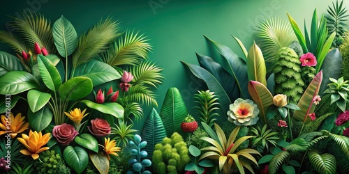 A vibrant and lush green wallpaper featuring an assortment of exotic flowers and plants with unique shapes and colors, set against a subtle gradient background , unusual plants, botanical