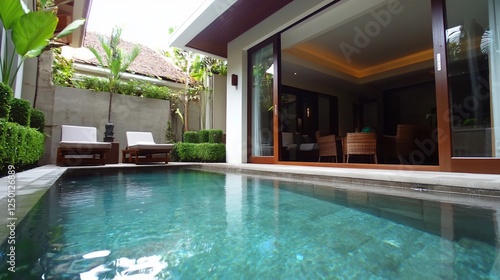 Private villa with plunge pool  loungers  and open-plan living area.