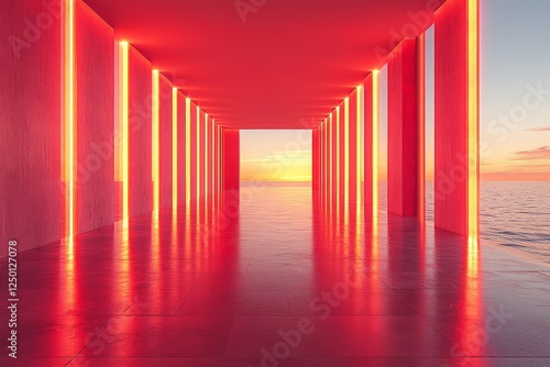 Red background with gradient light strips  symmetrical layout  high contrast  and a golden luminous line on water surface  minimalist modern design.