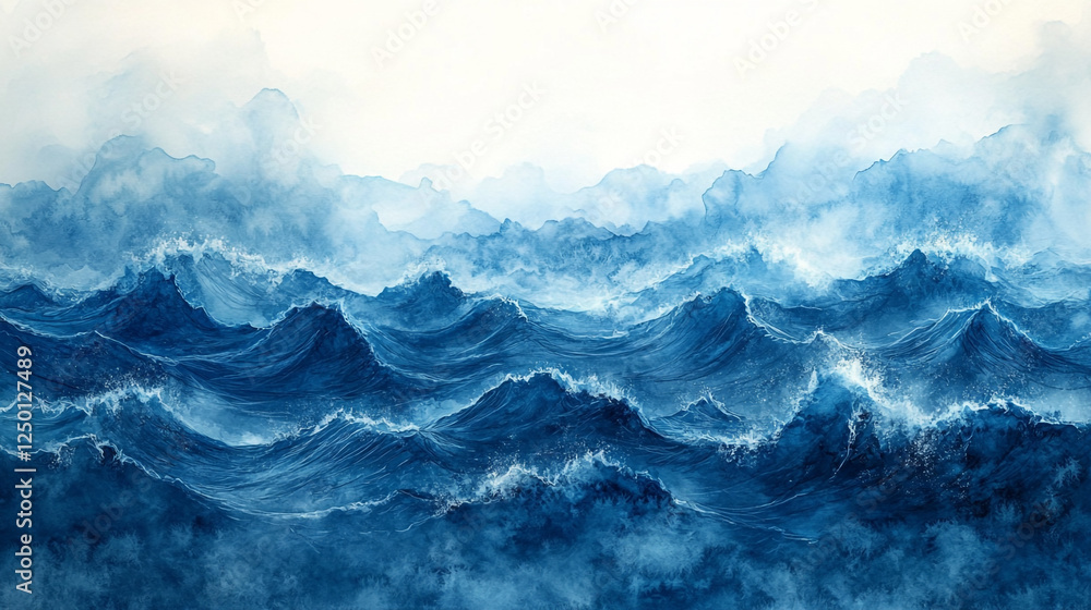 Ocean Waves Watercolor Painting Blue Sea Dramatic Nature Art Sky Image Print Moody Marine Design Ocean Waves Watercolor Painting Blue Sea Dramatic Nature Art Sky Image Print Moody Marine Design