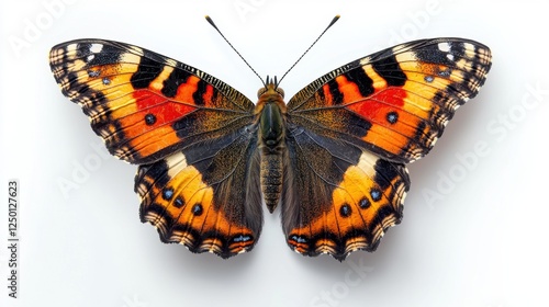 Red admiral butterfly with open wings displaying orange and black patterns on a natural background
