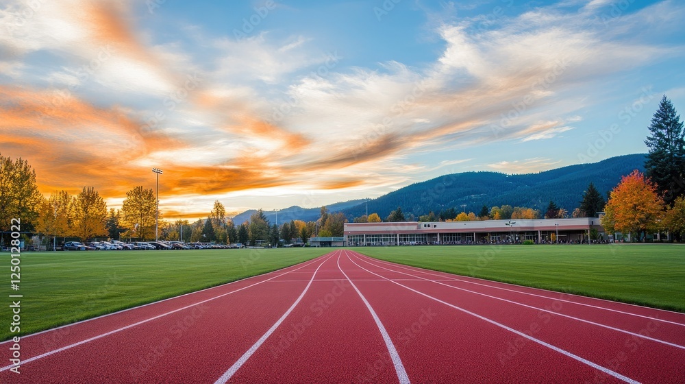 Scenic Track and Field at Sunset with Colorful Sky and Mountains Scenic Track and Field at Sunset with Colorful Sky and Mountains