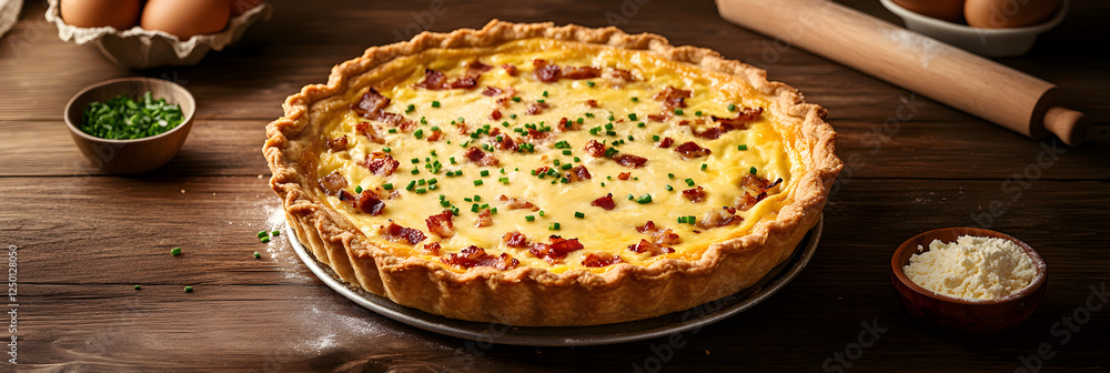 Deliciously Golden Quiche Lorraine in a Rustic Kitchen Setting with Fresh Ingredients Deliciously Golden Quiche Lorraine in a Rustic Kitchen Setting with Fresh Ingredients