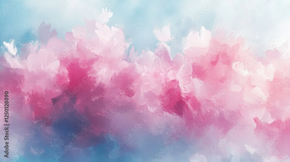 Fototapeta premium Dreamy Watercolor Cherry Blossoms with Blurred Pink Petals and Pastel Blue Sky, Gentle and Elegant Spring Season Artistic High-Resolution Background