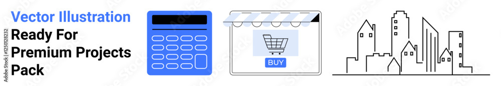 Blue calculator, storefront with shopping cart, urban skyscrapers represent budgeting, e-commerce, architecture. Ideal for finance, technology, infrastructure, real estate online shopping urban Blue calculator, storefront with shopping cart, urban skyscrapers represent budgeting, e-commerce, architecture. Ideal for finance, technology, infrastructure, real estate online shopping urban