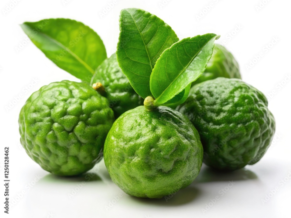 Vibrant kaffir lime leaves and fruit, macro detail, isolated on white. Vibrant kaffir lime leaves and fruit, macro detail, isolated on white.