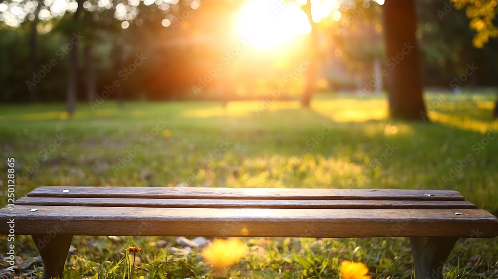 Naklejka premium Serene Sunset Over a Park Bench Surrounded by Nature and Soft Light : Generative AI