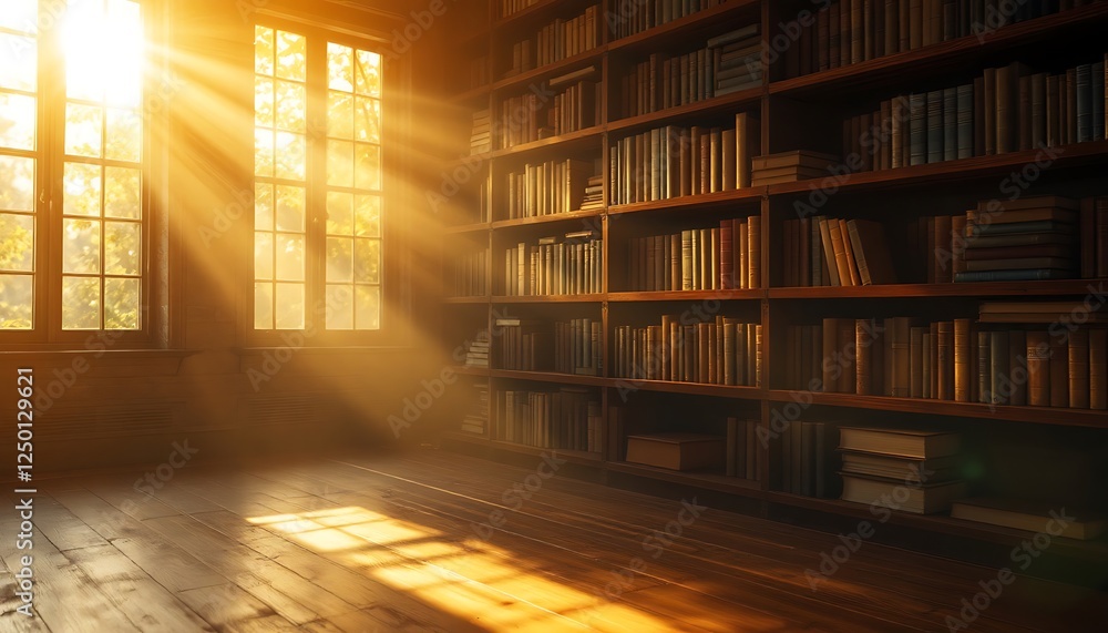 Sunlit Library: Golden Rays Illuminate Antique Bookshelves Sunlit Library: Golden Rays Illuminate Antique Bookshelves