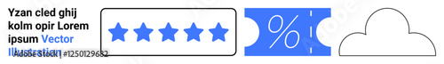 Star rating scale, percentage ticket, and cloud icon in minimalist style. Ideal for reviews, marketing, promotions, e-commerce, cloud storage, customer feedback abstract line flat metaphor