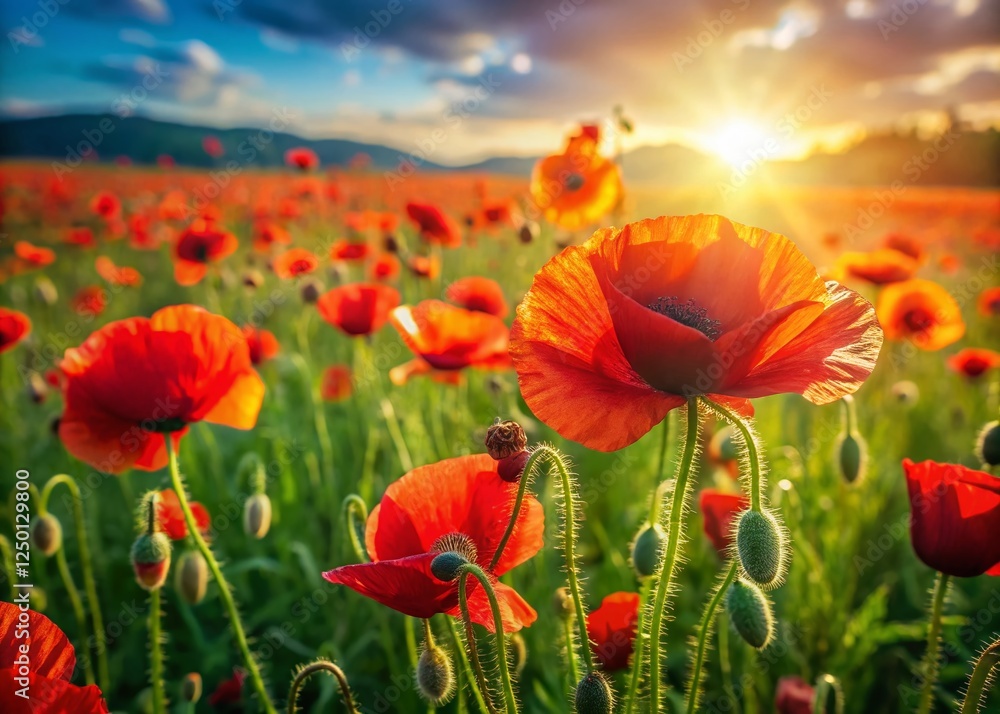 Fototapeta premium Aerial View of Vibrant Red Poppies Blooming in a Summer Field