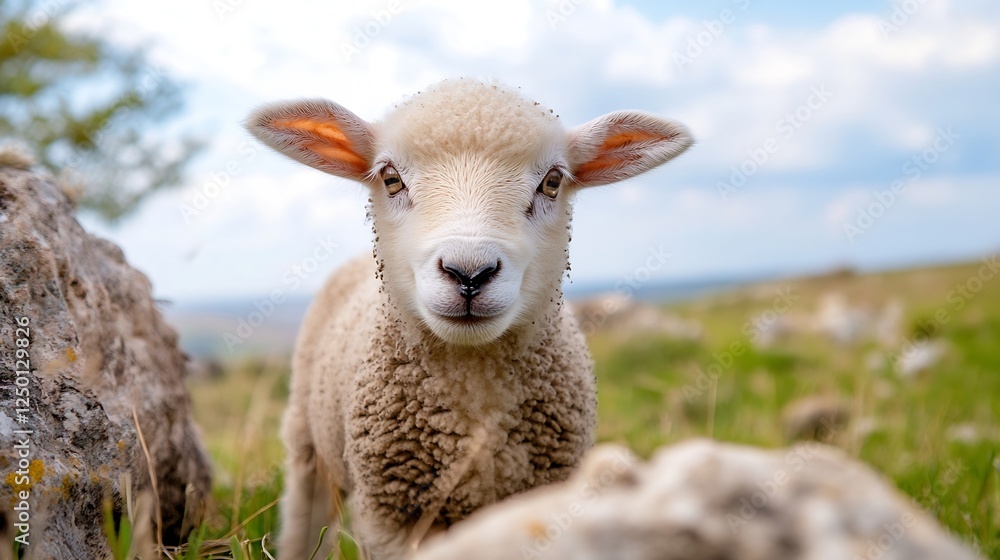 Fototapeta premium Adorable Close Up of Young Sheep with Fluffy Wool in Lush Green Landscape : Generative AI