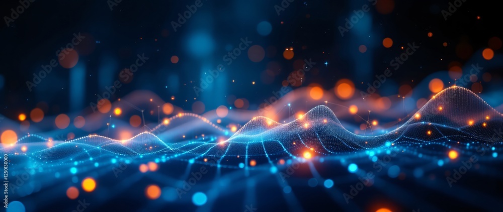 Abstract blue orange wave background with bokeh light effects and glowing lines. Digital technology data flow visualization. New Year holiday or Christmas banner Abstract blue orange wave background with bokeh light effects and glowing lines. Digital technology data flow visualization. New Year holiday or Christmas banner