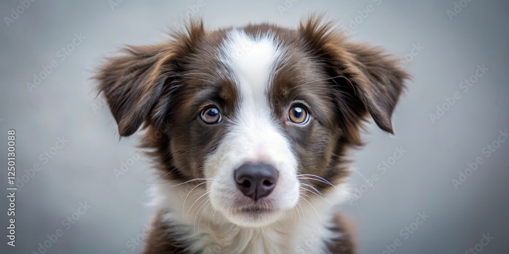 A close-up photograph of a border collie puppy with big brown eyes looking at the camera with curiosity and interest , puppy portrait, snout view A close-up photograph of a border collie puppy with big brown eyes looking at the camera with curiosity and interest , puppy portrait, snout view