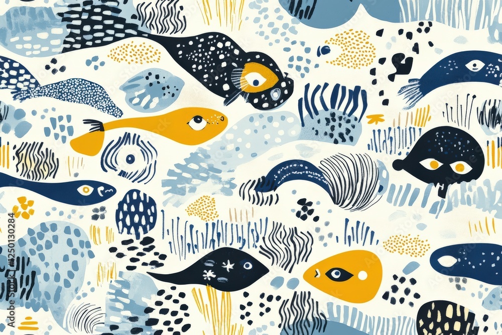 Fototapeta premium Colorful Underwater Scene with Abstract Fish and Sea Life in Various Patterns