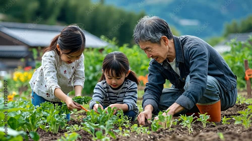 custom made wallpaper toronto digitalA multi-generational Japanese family joyfully gardening together, teaching children about sustainable farming.