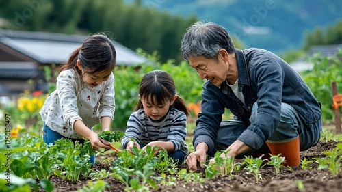Wallpaper Mural A multi-generational Japanese family joyfully gardening together, teaching children about sustainable farming. Torontodigital.ca