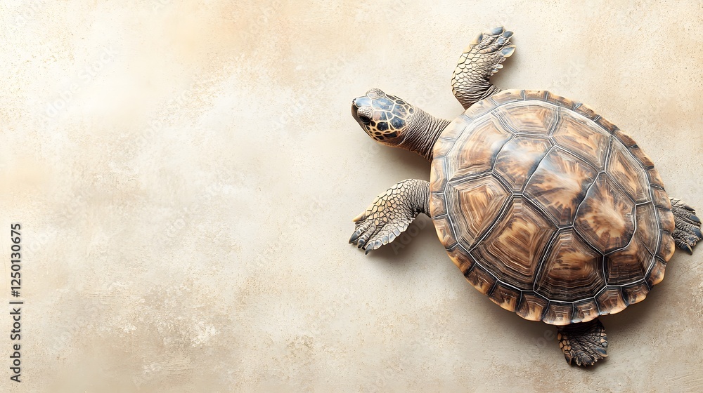 Obraz premium A turtle viewed from above on a beige surface