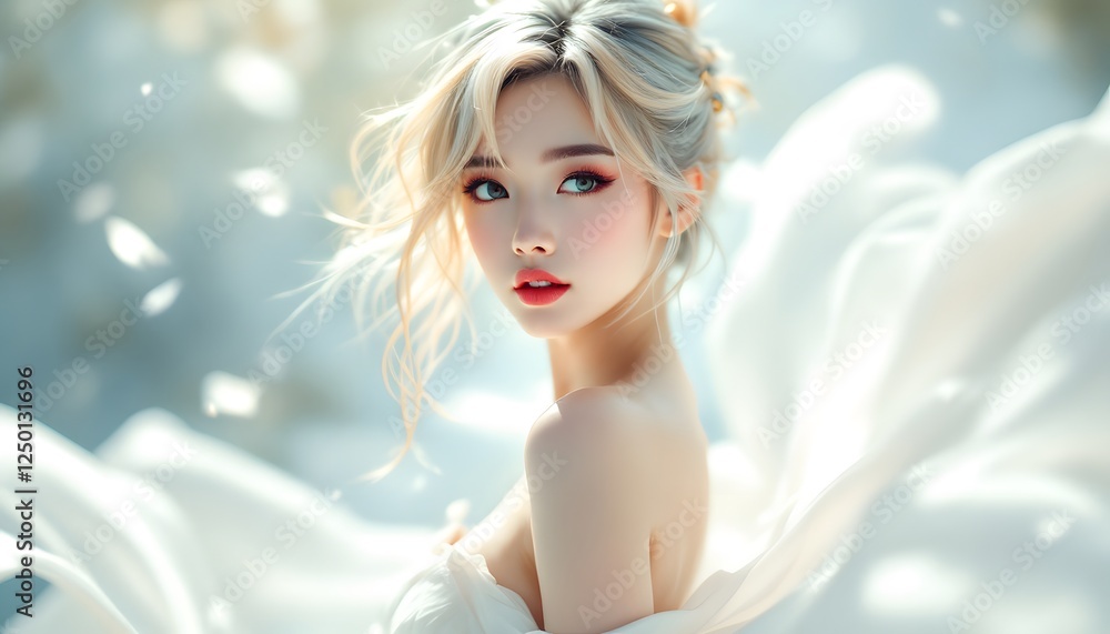 Elegant Woman with Blonde Hair in White Fabric Elegant Woman with Blonde Hair in White Fabric